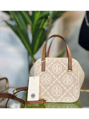 Tory Burch T Monogram Jacquard Cube Bag OS Ivory/Brown Leather Handles Crossbody